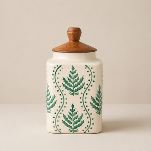 Handpainted Ceramic Canister Set Wooden Lid Botanical Leaf Airtight <b>Storage</b> <b>Jars</b> Farmhouse <b>Kitchen</b> Organizer Artisan Collection - Product Image 1