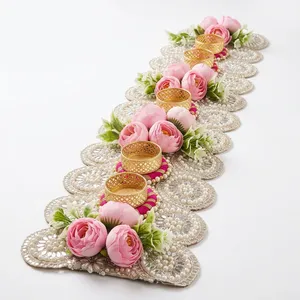 Floral Tapestry Table Runner with <b>Pink</b> Roses and Handmade Gold <b>Candle</b> Holders for Wedding Easter & Christmas Home Decor - Product Image 1
