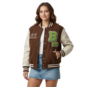 Custom <b>Brown</b> Letterman <b>Jacket</b> with Green Chenille B Patch & B.R INDUSTRY Embroidery | Premium Wool <b>Leather</b> Sleeve Varsity <b>Jacket</b> - Product Image 1