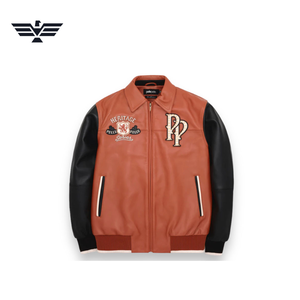 Veste universitaire en cuir PU orange pour homme EMPIRE TREND WEARS, logo brodé, doublure en laine coupe-vent, fermeture éclair, col montant - Product Image 2