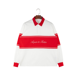 เสื้อโปโลแขนยาวผู้ชาย สีขาวแดง แต่งลายปัก Aspire To Retire สไตล์ Preppy ผ้าคอตตอนป๊อปลิน - Product Image 1