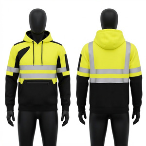 Sweat-shirt de travail haute visibilité 320 GSM en polaire 100% coton jaune fluo avec bandes réfléchissantes noires, logo personnalisé, fermeture éclair de sécurité - Product Image 1