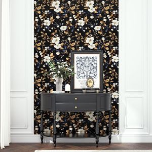 Carta da Parati Floreale Scura Adesiva Blu Navy/Foglia d'Oro, Carta Adesiva Vintage con Foglia d'Oro, Design Impermeabile Autoadesivo - Product Image 2