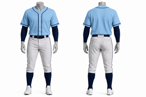 Custom Men's Baseball Uniform <b>Light</b> Blue Jersey White Pants Navy Trim Moisture Wicking All Seasons Apparel - Product Image 1