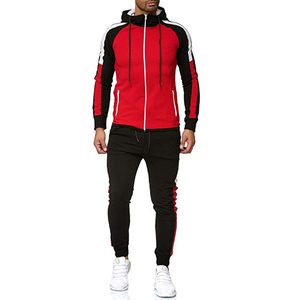 Conjunto Deportivo para Hombre en Rojo y Negro con Bloques de Color, Sudadera con Capucha y Cremallera de Manga Larga, Bolsillos Laterales, Ropa Deportiva Casual de Verano 2 en 1 - Product Image 1