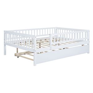 Letto a giorno in legno bianco a grandezza naturale per bambini con letto estraibile e sponde di sicurezza - Product Image 4