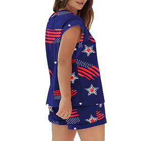 Conjunto de pantalones cortos de 2 piezas para mujer, sin mangas, con cuello redondo, estampado de estrellas y rayas, informal, holgado, traje de verano con bolsillo - Product Image 2