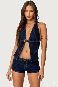 Indigo Denim Halter & Micro Short Set Buckled Waistcoat Top & Slim Fit Denim Shorts Sculpted Denim Vest and Low Rise Shorts Set - Product Image 4