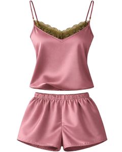 Ensemble pyjama femme en satin rose poudré avec dentelle, débardeur et short, tenue de nuit sexy, vêtements de détente doux en soie pour l'été, ensemble deux pièces - Product Image 1