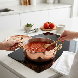 Luxury Smooth Copper Shallow <b>Casserole</b> <b>Pan</b> Rondeau Pot with Lid Side Brass Handles Professional Chef Cookware for Home Hotel Use - Product Image 3