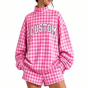 <b>Women's</b> Red Plaid Oversized Turtleneck <b>Long</b> Sleeve <b>Shorts</b> Set Custom Printed Casual Fashion <b>Women</b> Set Cheap Price - Product Image 5