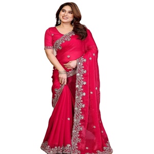Sari indio de Bollywood, el mejor de seda, elegante y glamuroso para invierno, estilo étnico, moderno, con blusa, estilo fiesta, para Diwali - Product Image 1