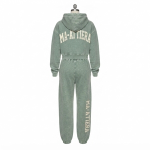 Custom Women Sage Green Acid Wash <b>Cropped</b> Hoodie <b>Jogger</b> Set Cotton Fleece Streetwear Tracksuit OEM Wholesale - Product Image 4