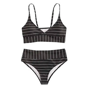 Ensemble de bikini rayé pour femme, maillot de bain deux pièces taille haute, haut croisé à nouer avec bordure contrastante, en Spandex et Nylon - Product Image 1
