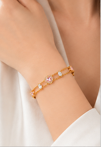สร้อยข้อมือทองคำ 18K สีโรสโกลด์ประดับพลอยรูปหัวใจสีชมพู พร้อมเพชรทรงมาร์คีส์ ดีไซน์โรแมนติก หรูหรา สำหรับผู้หญิง - Product Image 5