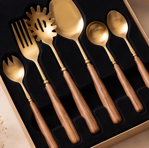 Elegant Gold Plated Serving <b>Spoon</b> <b>Set</b> With <b>Wood</b> Handle Minimalist Design Durable Kitchen Utensils For Dining - Product Image 6