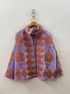 Hand Embroidered Purple Velvet Suzani <b>Jacket</b> <b>Women</b> Gold Floral Pomegranate Chain Stitch Quilted Coat <b>Vintage</b> Ethnic Open Front - Product Image 3