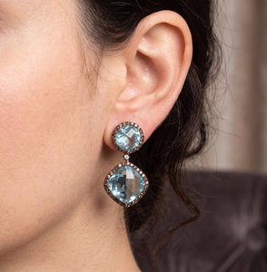 Wholesale 24.50CT 925 Silver Natural <b>Blue</b> <b>Topaz</b> Champagne Diamond Halo Drop Dangle <b>Earrings</b> Memoria Jewels - Product Image 5