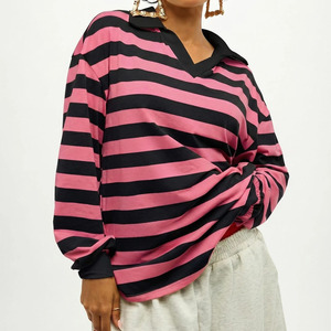 Polo à manches longues rayé pour femme, de haute qualité, noir et rose, tricoté, décontracté, longueur normale, manches complètes, style rugby - Product Image 5