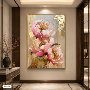 Toile d'art moderne peinte à la main avec des fleurs de pivoine, accent doré, décoration murale encadrée F6-C4 - Product Image 5