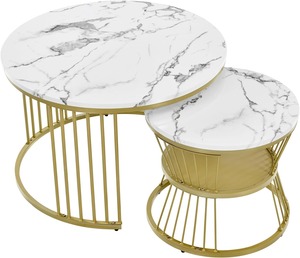 Modern <b>Round</b> Nesting <b>Coffee</b> <b>Table</b> Set of 2, White <b>Marble</b> Look Top, Plywood Frame, Living Room Side <b>Tables</b> - Product Image 1