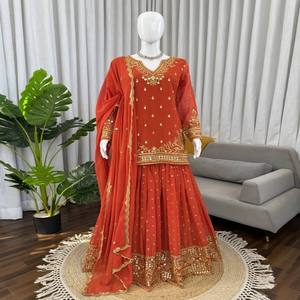 VASTRA COTTAGE Elegante Conjunto Kurti Sharara de Georgette con Bordado de Hilo de Lentejuelas, Forro Suave y Dupatta de Georgette a Juego - Product Image 1