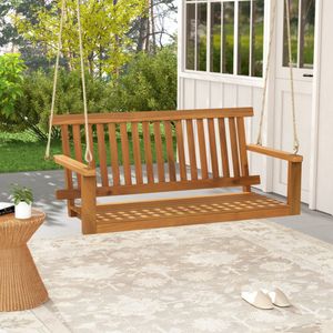 2 Seat Acacia <b>Wood</b> Porch <b>Swing</b> <b>Bench</b> with 2 Hanging Hemp Ropes for Patios - Product Image 2
