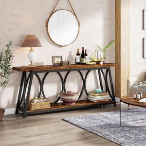 Table console à 2 niveaux en bois d'acacia massif naturel avec cadre circulaire en métal noir pour le salon, l'entrée, les meubles - Product Image 5