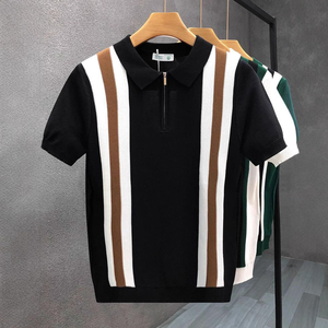 Polo de Punto Blanco para Hombre con Rayas Verdes, Manga Corta, Corte Regular, Estilo Preppy, Ribete en Contraste - Product Image 3