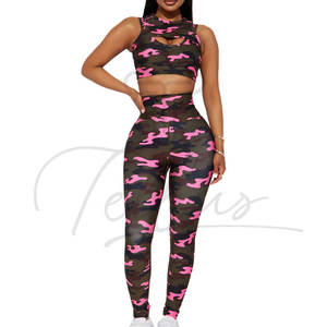 Ensemble de vêtements de sport pour femmes avec leggings imprimés camouflage personnalisés, soutien-gorge de sport et leggings de yoga - Product Image 2