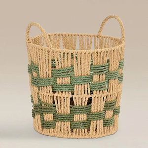 Panier en corde de papier vert tressé fait main, organisateur de rangement décoratif pour la maison, panier à jouets, panier à linge, accessoires de salle de bain - Product Image 1