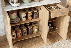 Essence K406 Modern Melamine Chipboard & PU MDF Kitchen Cabinet with Oak White Marble Finish Drawer Bakers <b>Rack</b> <b>Microwave</b> Stand - Product Image 3