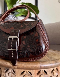 100% Genuine Leather Bohemian Florals Hand Tooling Lady Lightweight <b>Shoulder</b> Crossbody Bag Cover Closure Single <b>Strap</b> Sling Bag - Product Image 6