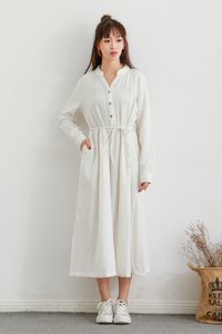 Vestido camisero de lino y algodón para mujer, vestido midi de manga larga con botones en la parte delantera, vestido informal de verano con cordón en la cintura, vestido elegante holgado - Product Image 4