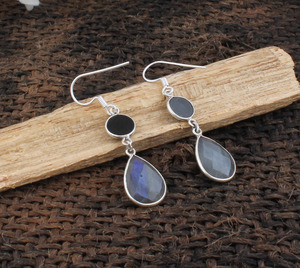 Pendientes de Labradorita Natural y Ónix Negro, Plata de Ley 925, Pendientes Colgantes con Gema de Fuego Azul, Joyería de Piedras Mixtas al por Mayor para Mujer - Product Image 4