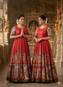 South Indian Cultural Style Beautiful Color Pulmy <b>Silk</b> <b>Fabric</b> Maggam work Floor Length Anarkali Gown / Salwar Kameez From SIE - Product Image 2