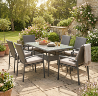 Ensemble de salle à manger de jardin en rotin PE, 7 pièces, 6 chaises avec table rectangulaire en verre pour usage extérieur dans la cour ou le jardin