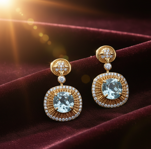 Boucles d'oreilles tendance en topaze bleue hydro-cushion avec CZ |   Argent 925 plaqué or 18 carats |   Boucles d'oreilles pendantes de 4 pouces |   Cadeau pour elle - Product Image 5