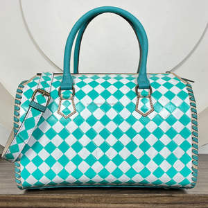 Premium Large <b>Hand</b> <b>Tooled</b> Leather Speedy Bag with Turquoise & White Checkered Pattern Crossbody Travel Duffel Bag for Women's - Product Image 5