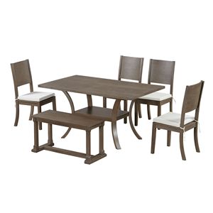 Ensemble de table à manger en bois 6 pièces avec étagère de rangement et pieds courbés, ensemble de table de cuisine, banc, 4 coussins amovibles, ensembles de salle à manger - Product Image 1