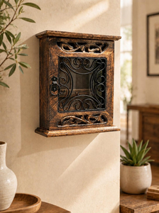 Rustic Wooden Wall Mounted <b>Key</b> <b>Holder</b> Cabinet Decorative <b>Key</b> Organizer with Metal Grill Door Entryway Storage <b>Home</b> Decor - Product Image 4