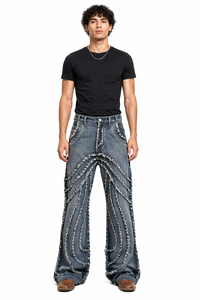 Mens Dark Washed Distressed Denim Jeans Wide Leg Streetwear <b>Pants</b> Heavy Fade Vintage Style Designer Panel Stitch Jeans Grey - Product Image 1