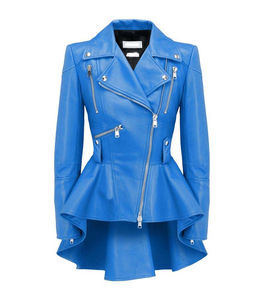 Natural Leather <b>Peplum</b> Women <b>Jacket</b> Real Sheep Blue Zipper Fashion Designer Autumn Winter Breathable Letter Logo - Product Image 1