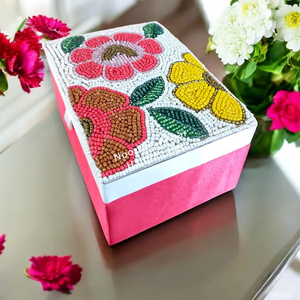 Handmade Floral Beaded Jewelry <b>Box</b> Pink Fabric <b>Storage</b> Case with Velvet Lining for Jewelry Organizers - Product Image 2