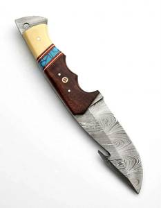 Outil utilitaire en acier damas torsadé gravé à l'acide à fort contraste, avec manche en bois osseux et pierre turquoise - Product Image 1