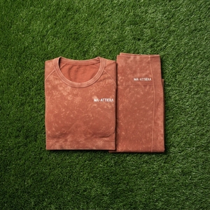 <b>Women</b> Rust Brown Acid Wash Yoga Set Long Sleeve <b>Crop</b> Top High Waist Full Length <b>Leggings</b> Gym Fitness Activewear - Product Image 5