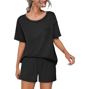 Women's Black 2-Piece <b>Knitted</b> <b>Set</b> Short Sleeve O-Neck Top With Pocket Loose Fit Shorts Casual Breathable Spring Summer Wear - Product Image 6