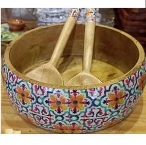 Bol en bois émaillé imprimé pour hôtels et restaurants, bol à fruits et salades en bois d'acacia, bol de service fait main - Product Image 1