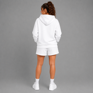 Women's White Hooded Sweatshirt Shorts <b>Set</b> Cotton Fleece Casual Loose Fit Drawstring Pocket Spring Summer Wear - Product Image 2