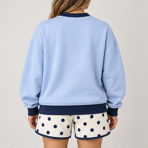 Conjunto Deportivo Informal Personalizado de 2 Piezas para Mujer, Camiseta de Cuello Redondo con Estampado de Puntos Invertidos en Azul Claro y Pantalones Cortos - Product Image 2